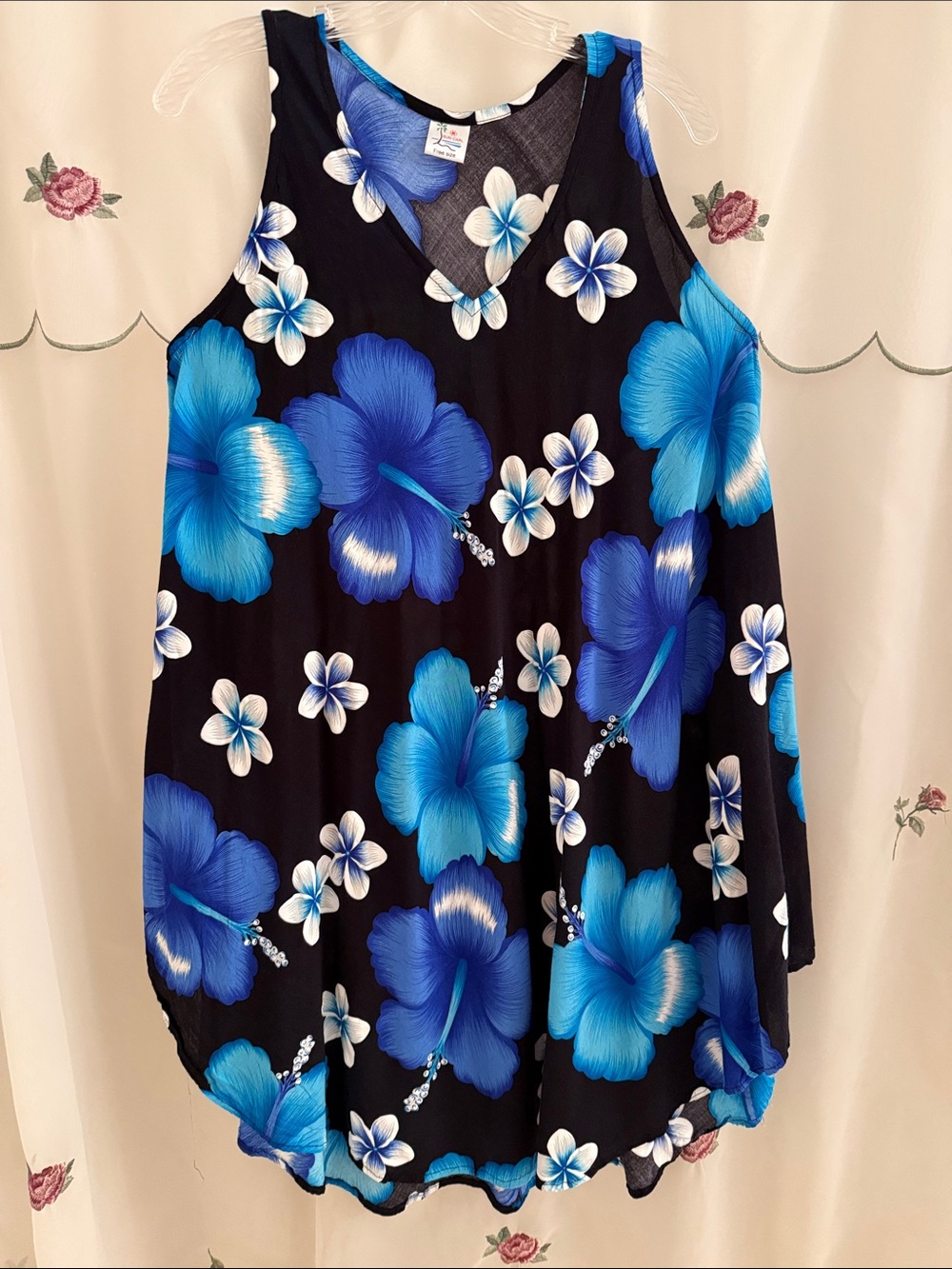 Floral V-Neck Midi Dress - Black with Blue Hibiscus